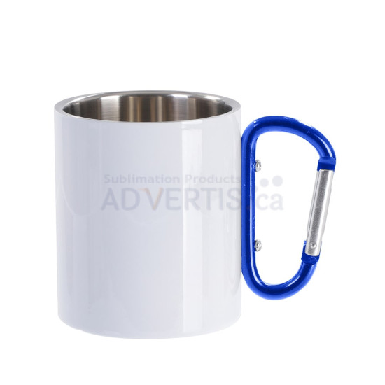 10oz. (300ml) Sublimation White Stainless Steel Camping Mug with Blue Carabiner 10oz. (300ml) Sublimation White Stainless Steel Camping Mug with Blue Carabiner