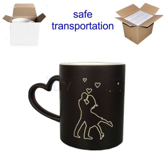 11oz. Sublimation Matte Magic Color Changing Heart Shaped Handle Hug Black Coffee Mug With Individual Gift Box (12 pack)